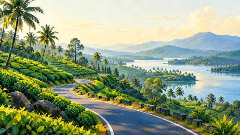 Illustration of a scenic Kerala-style journey through green hills and palms.