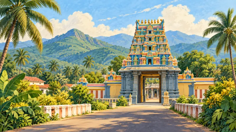 Editorial illustration of a generic South Indian temple entrance and green foothills.