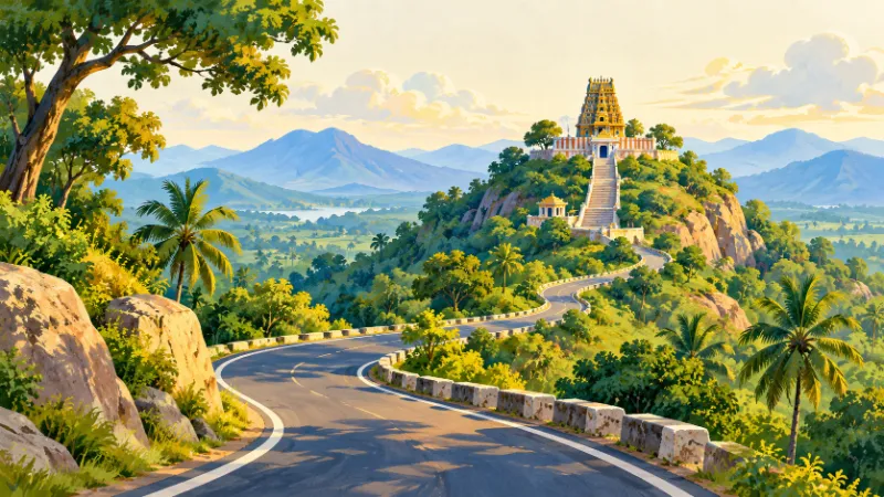 Illustration of a winding road toward a hilltop temple in green foothills.