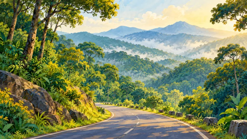 Editorial illustration of a winding road through green forested hills.